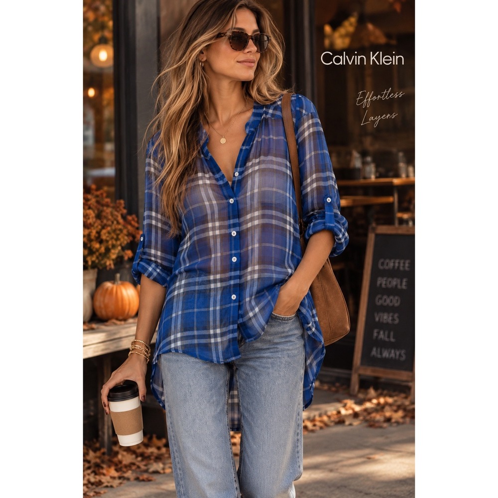 Calvin Klein Blue Plaid Sheer High Low Button Blouse Roll Tab Sleeve XL